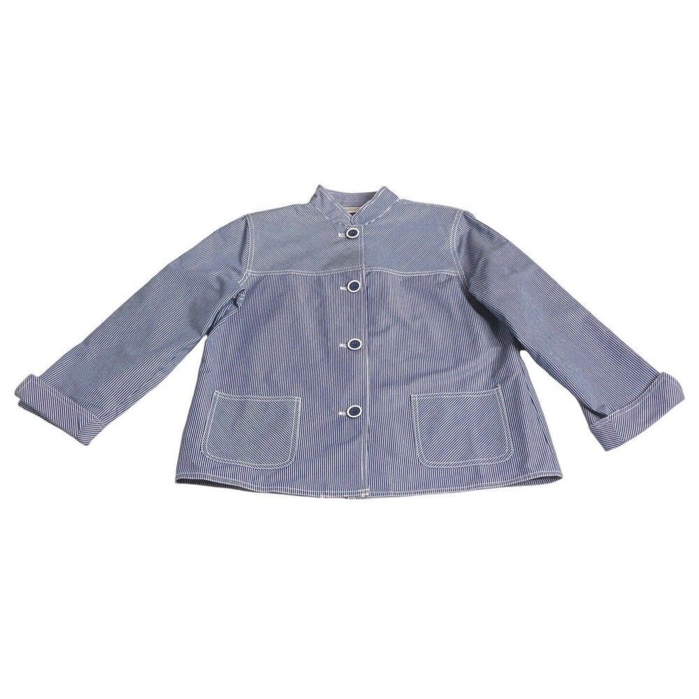 Drapers & Damons Jacket Women Petite M Blue Stripe Cuffed Sleeve Preppy Nautical